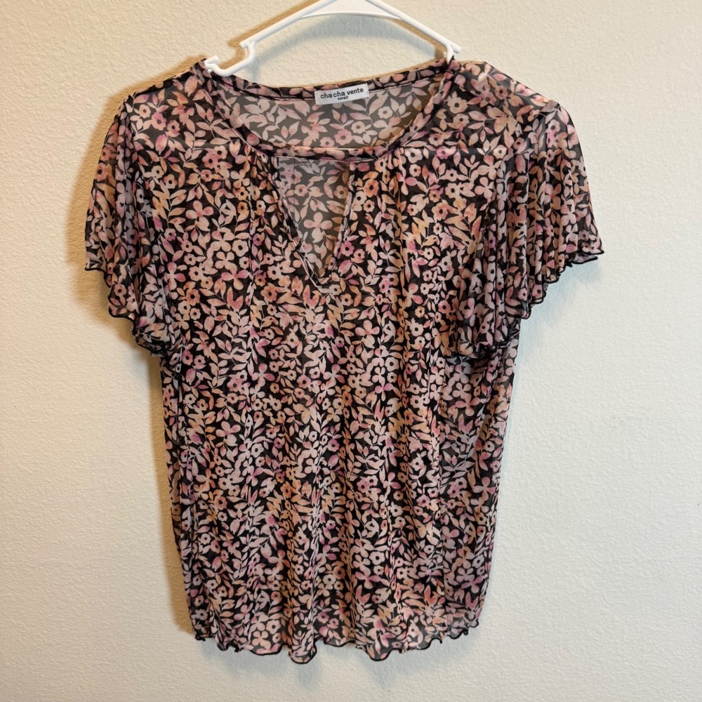 Cha Cha Vente Floral Print Sheer Top Ruffle Short Sleeve Blouse Small